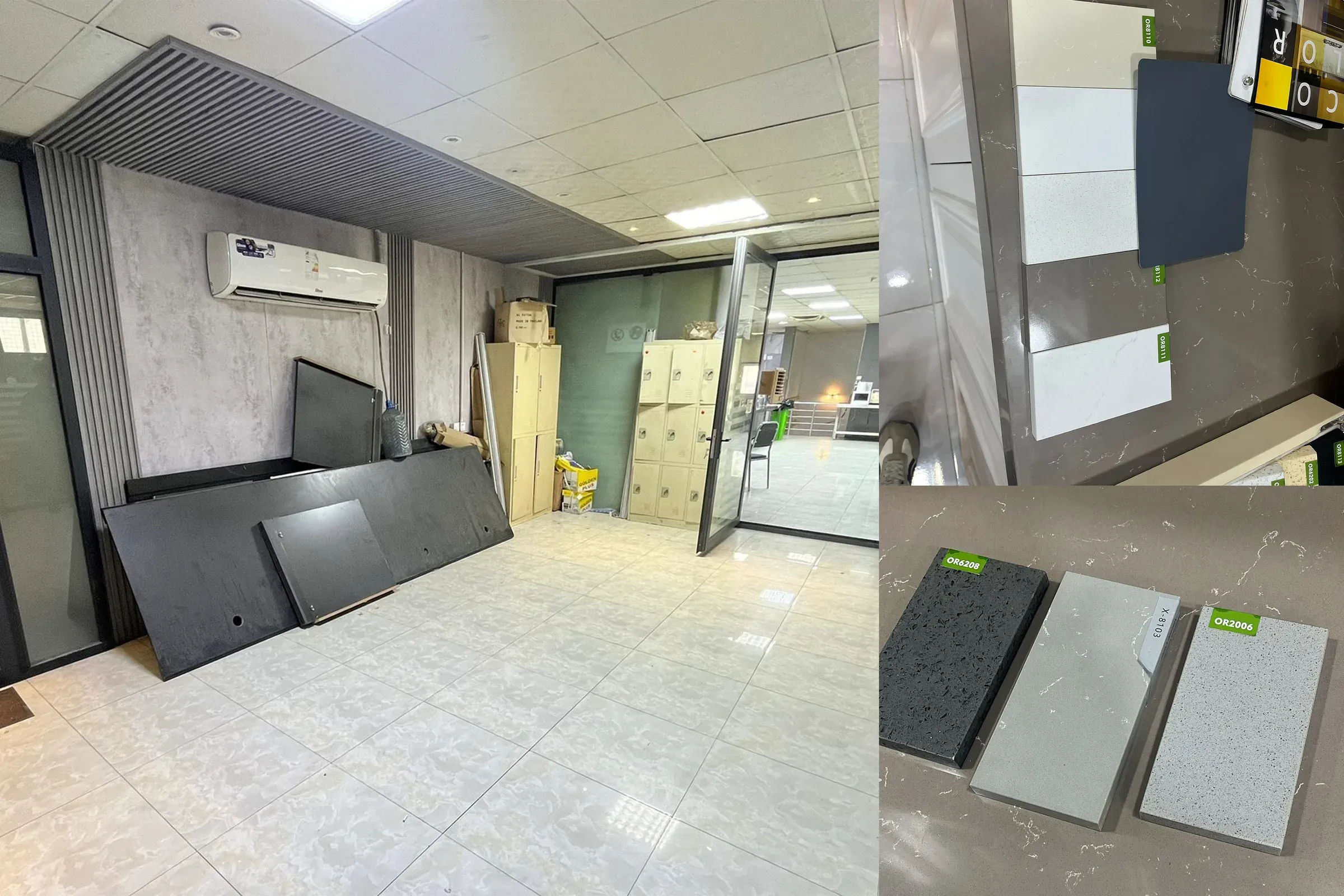 The empty corporate space before the build, with bare walls and tiled floor