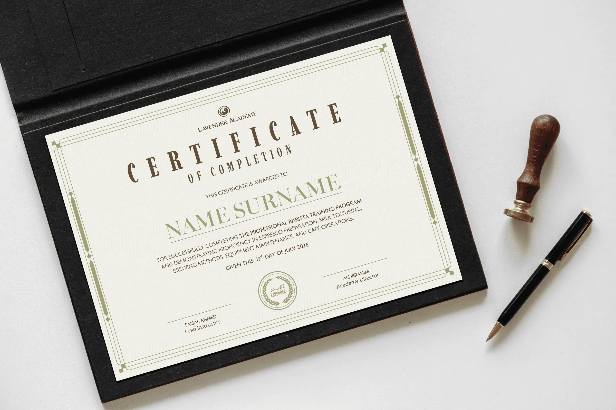 Framed certificate of completion with a wax seal and pen