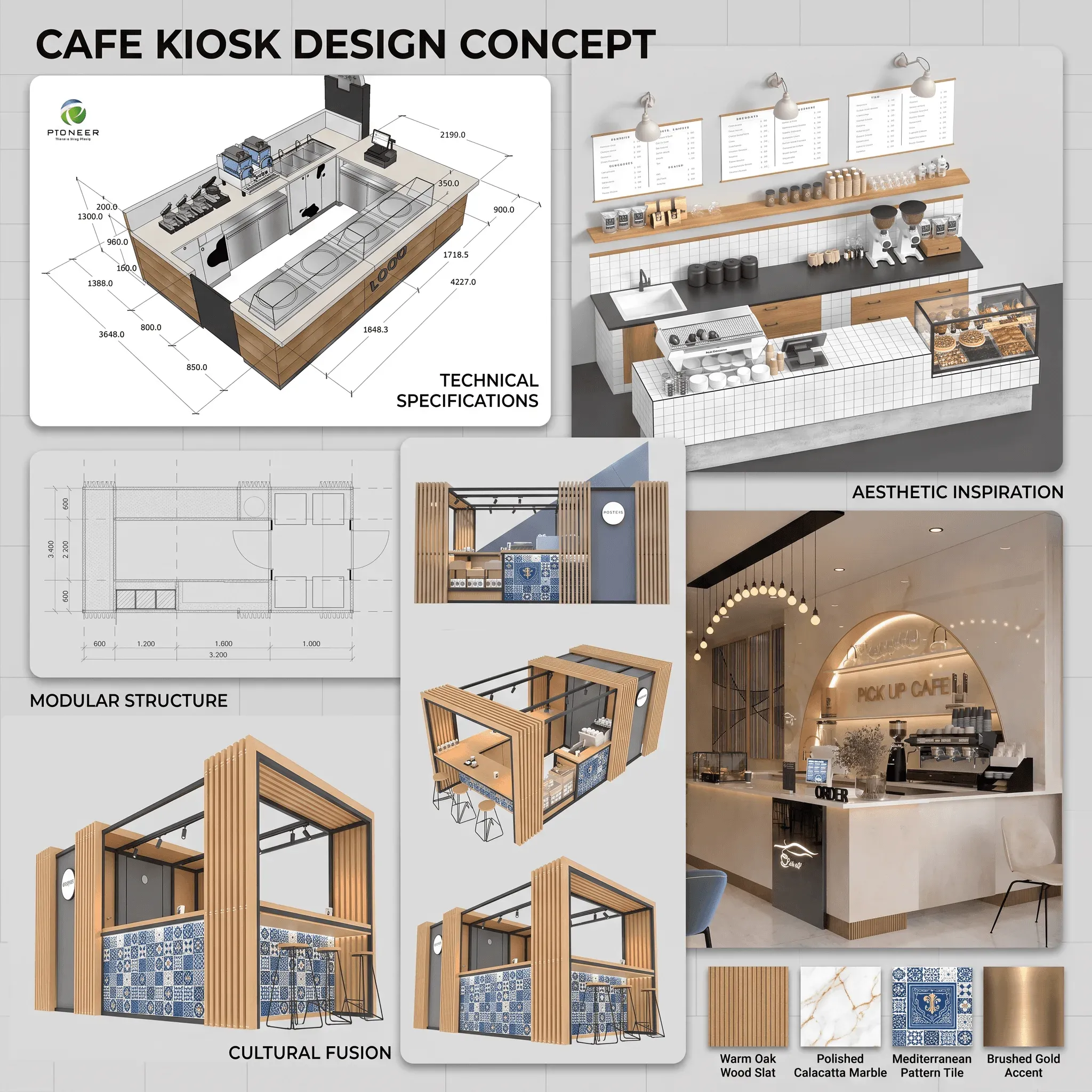Concept board with the kiosk layout, modular structure and material references
