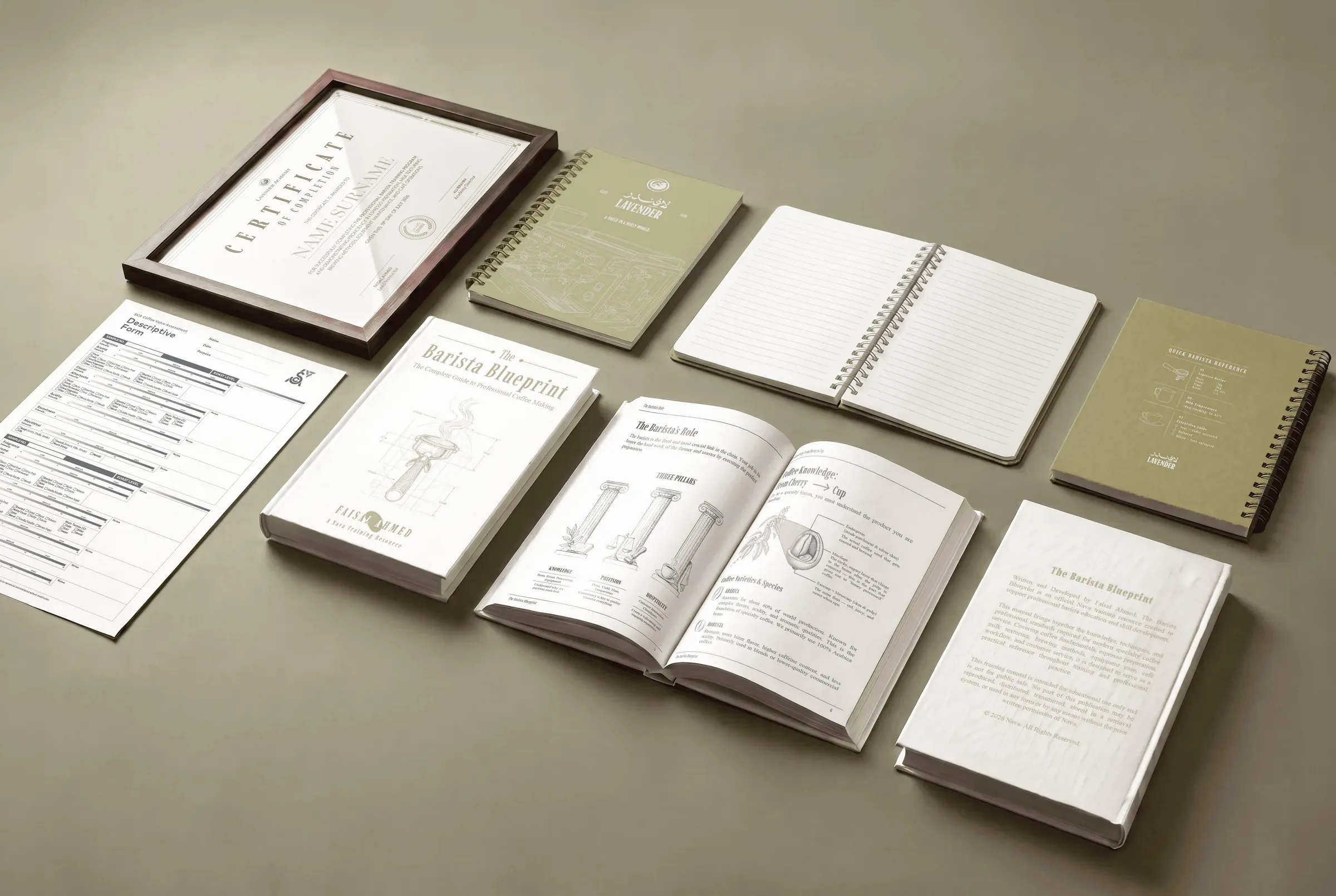 Lavender Barista Academy course books, notebook and framed certificate in sage green