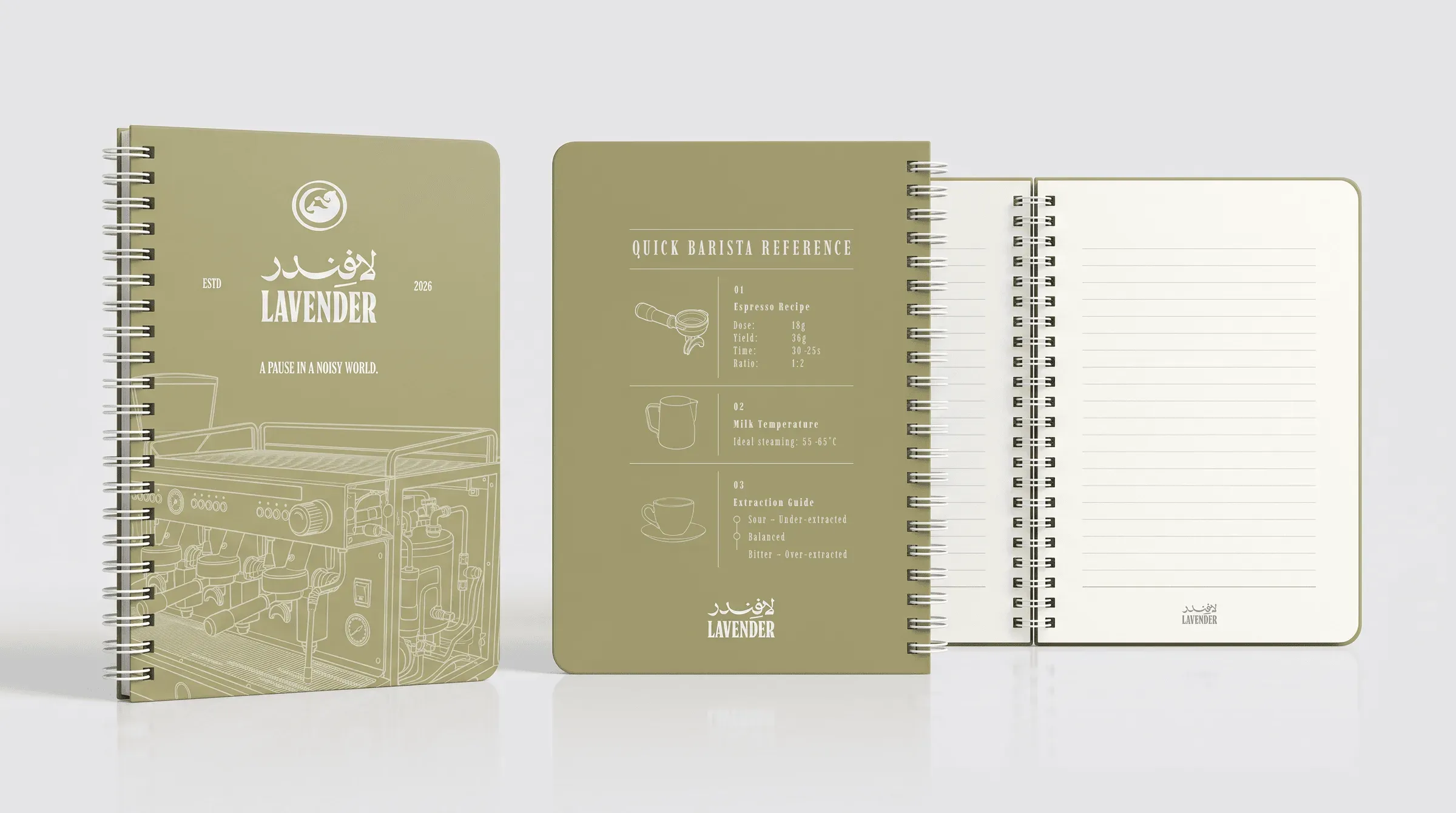 Sage green course book covers and a matching spiral notebook