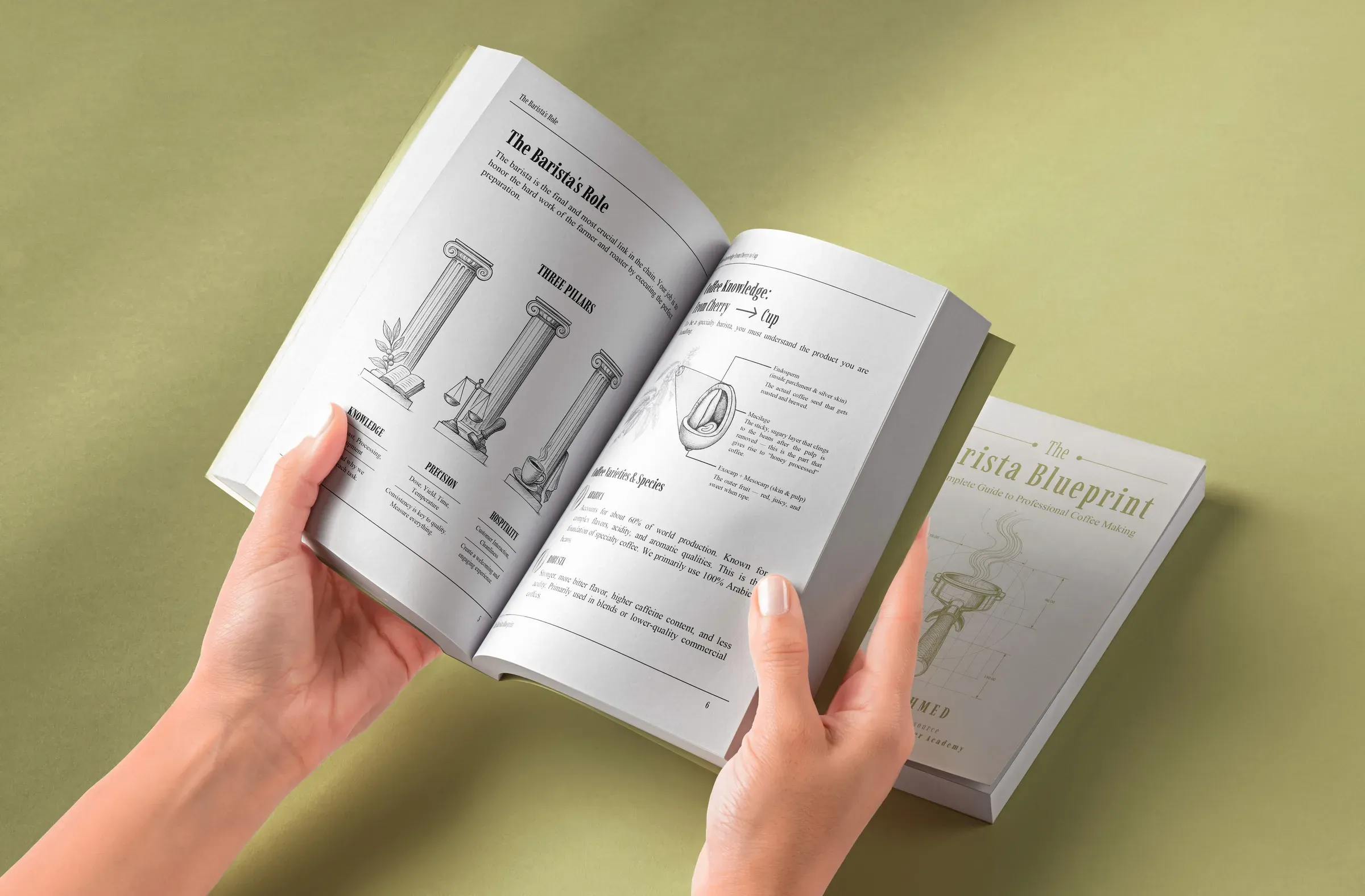 A student holding an open Lavender course book showing a diagram of an espresso machine