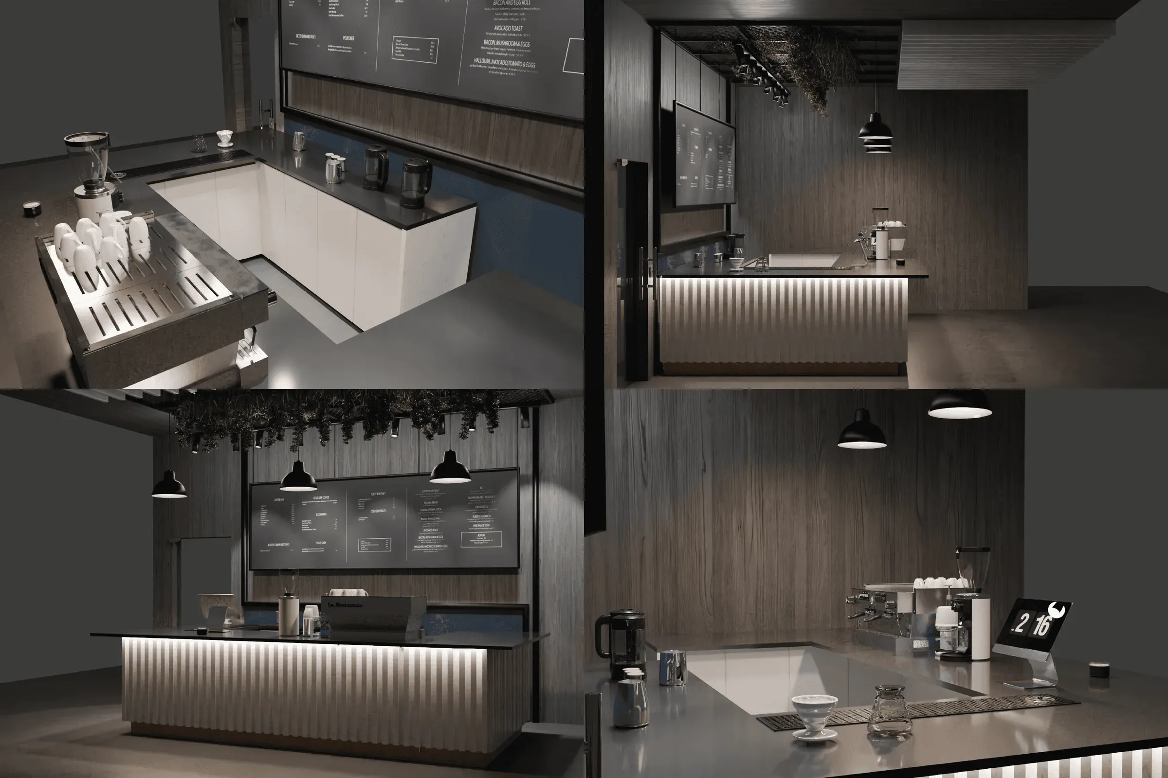 Several angles of the bar render, including close-ups of the counter and menu board