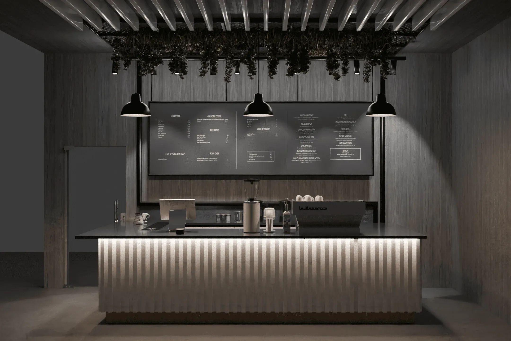 Nava Brew coffee bar render with a fluted counter, under-counter lighting, pendant lamps and hanging greenery