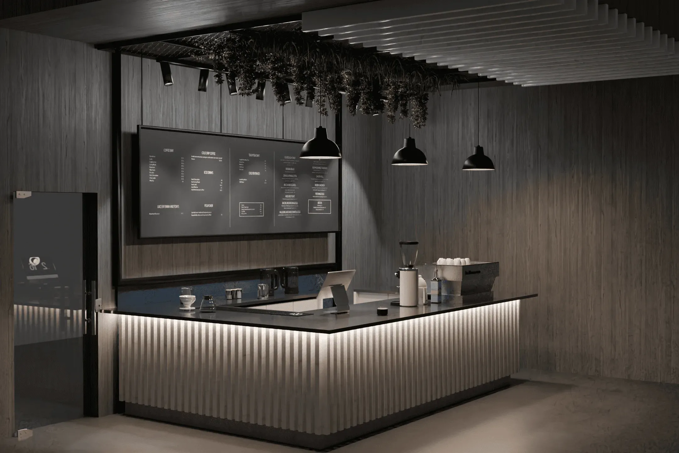 Render of the Nava Brew bar with warm lighting across the fluted counter