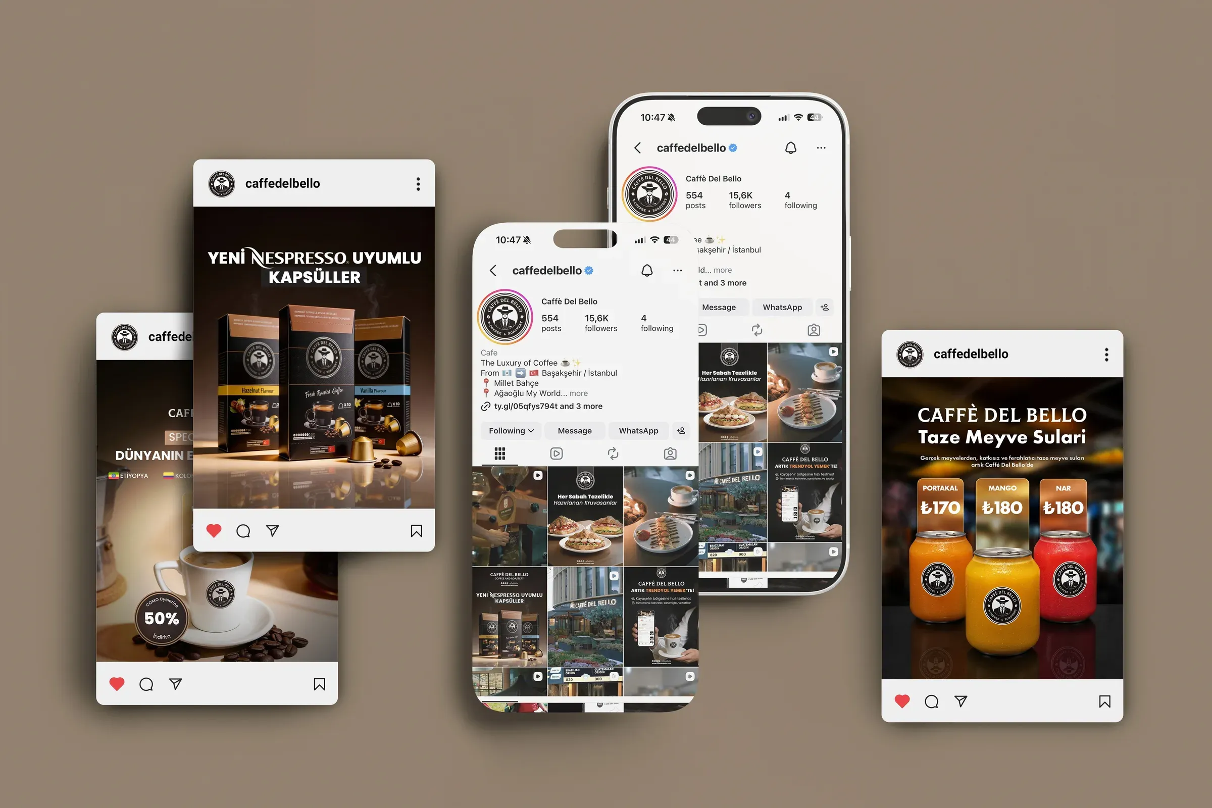 Caffè Del Bello Instagram posts and loyalty app shown on phones
