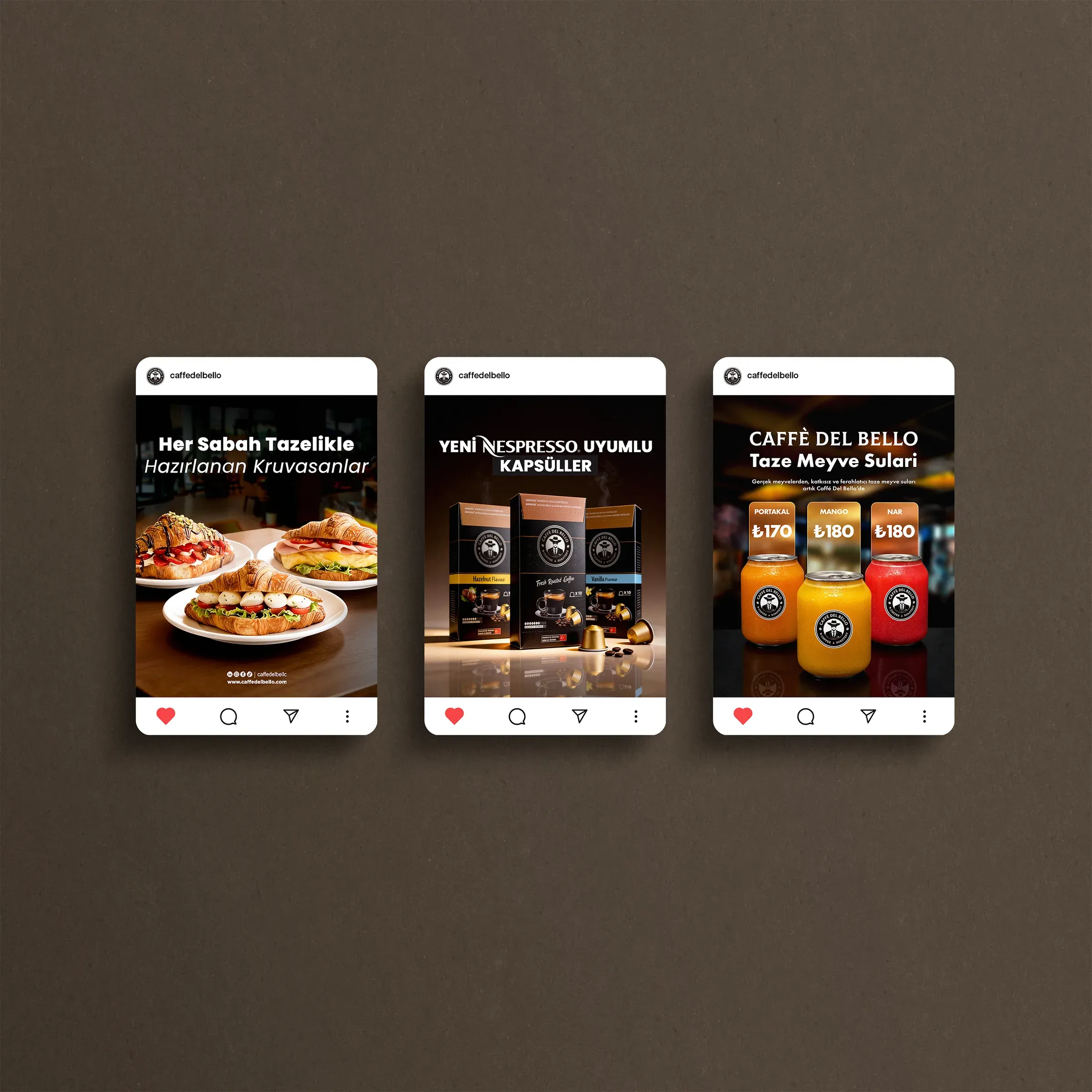 Three Caffè Del Bello Instagram posts featuring breakfast, espresso capsules and bottled drinks
